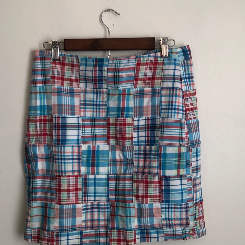 Woman’s rare fall Talbots Plaid Patchwork Pencil Skirt in Blue & Red